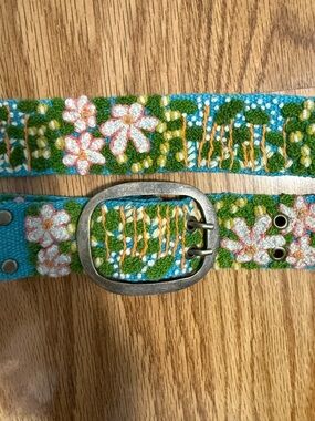 Jenny Krauss Windswept Embroidered Floral Blue Belt with Silver Buckle large